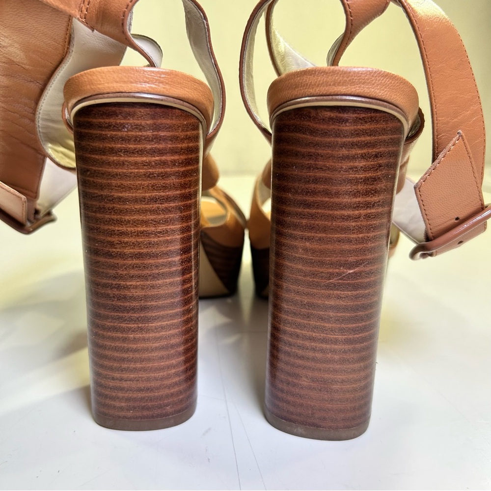 Nine West 70s Inspired Block Heel Tan Leather Strappy Platform Sandals Size 7.5M - Picture 2 of 14